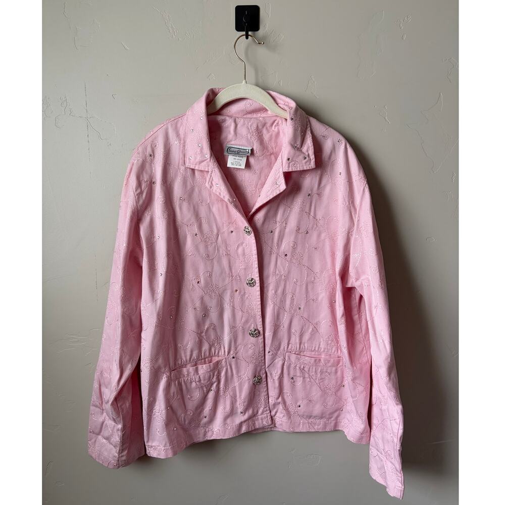 Saint Germain Paris Cotton Floral Embroidered Rhinestone Pink Denim Jacket Sz L